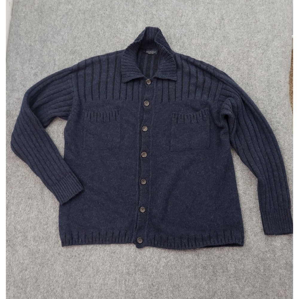 Canali Sweater Mens XL Blue Button Up Cardigan 100% Wool Collared Italy Made